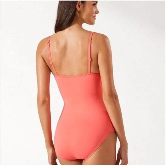 Tommy Bahama Pearl Over-the-Shoulder V-Neck One-Piece Swimsuit in Coral Size 16 - Picture 4 of 10